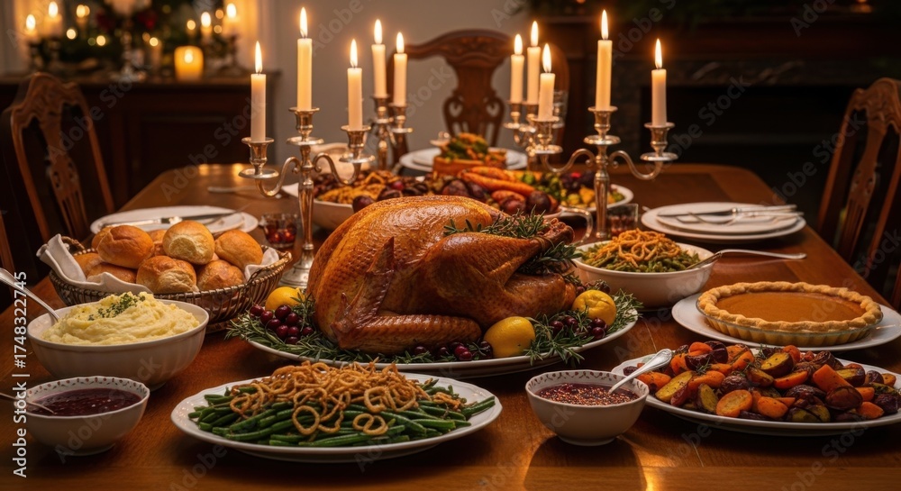 Naklejka premium Thanksgiving dinner table with roasted turkey, mashed potatoes, vegetables, and candles