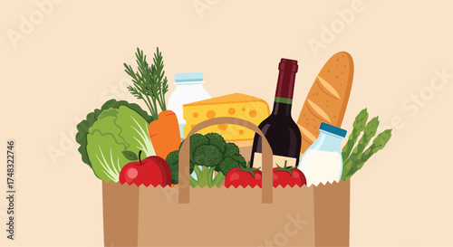 A reusable grocery bag filled with fresh produce and other food items.