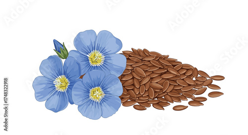 Blue flax flowers with a pile of flax seeds.