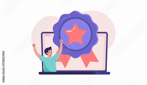 student celebrating an online achievement with a badge on a laptop vector illustration, digital certification and gamification rewards