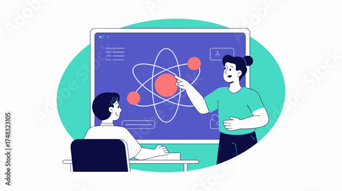 teacher explaining an atom model to a student in a classroom vector illustration 