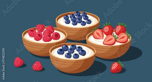 Four bowls of creamy yogurt topped with fresh berries.