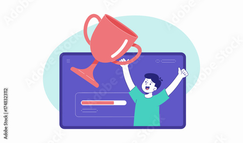 student  holding a trophy from a computer screen vector illustration, online achievement and winning a competition