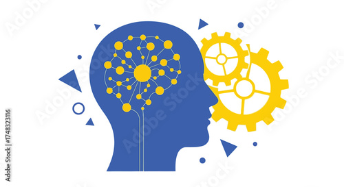 Vector illustration of abstract illustration of a human head profile with a glowing network of connections inside, symbolizing artificial intelligence and cognitive processes