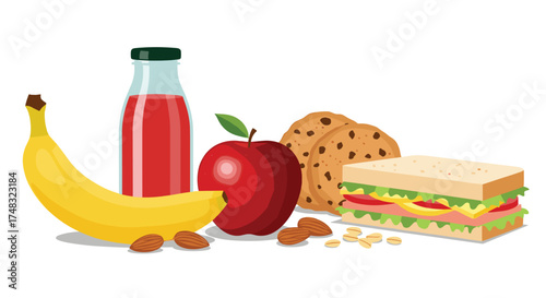 A healthy lunchbox with sandwich juice and fruit.