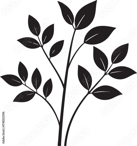 Delicate Plant with Leaves Silhouette Black Vector Illustration