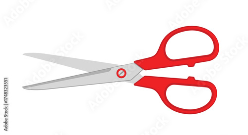 Red handled scissors for cutting paper and crafting projects.