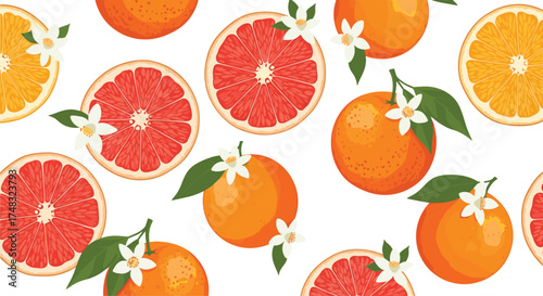 A vibrant seamless pattern of fresh citrus fruits and delicate blossoms.