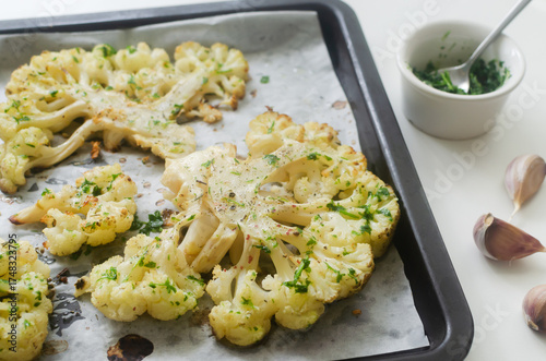 Cauliflower with chimichurri sauce on parchment on a baking sheet on a gray background. Concept of vegan and vegetarian food. Healthy eating. Horizontal orientation. Selective focus.
