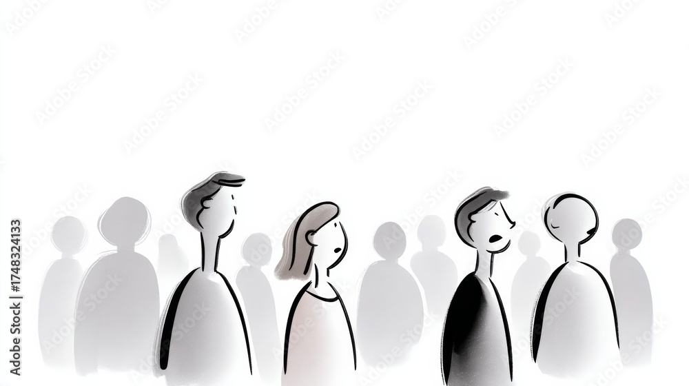 Fototapeta premium A group of people are standing in a line, with some of them looking down. Concept of loneliness and isolation, as the people seem to be separated from one another. The use of black
