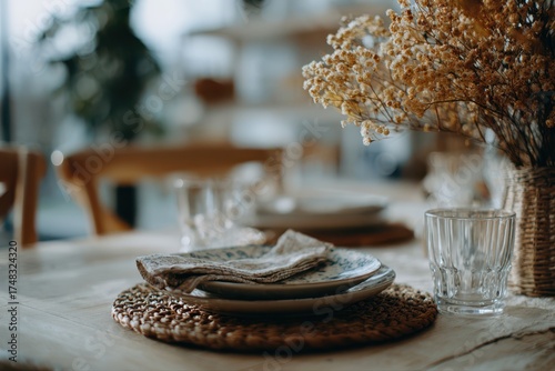 A cozy Thanksgiving dinner atmosphere with a table set with a vase of flowers and plates, creating a warm and inviting scene with shallow depth of field.