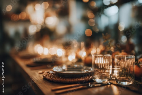 A cozy Thanksgiving dinner table setting with a plate, glasses, and a candle. The warm atmosphere is enhanced by a shallow depth of field, creating a festive and inviting scene.