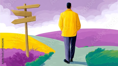 A man is walking down a road with a sign that says 