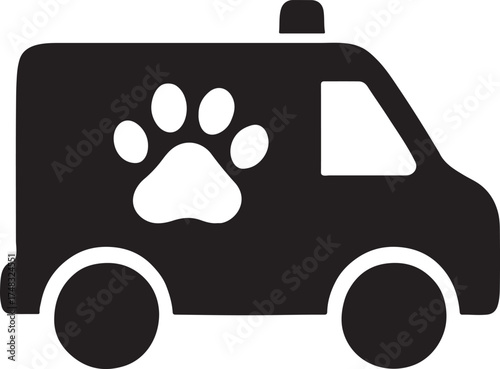 Veterinary ambulance silhouette with paw sign, ideal for pet emergency and clinic design.