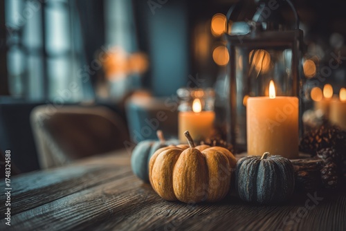 A cozy Thanksgiving dinner atmosphere with a table adorned with candles and pumpkins, creating a warm and inviting ambiance. The shallow depth of field adds a touch of elegance to the scene.