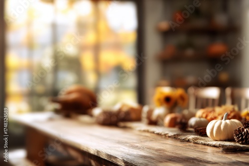 A cozy Thanksgiving dinner atmosphere with a table decorated with a bunch of pumpkins, creating a warm and inviting setting.