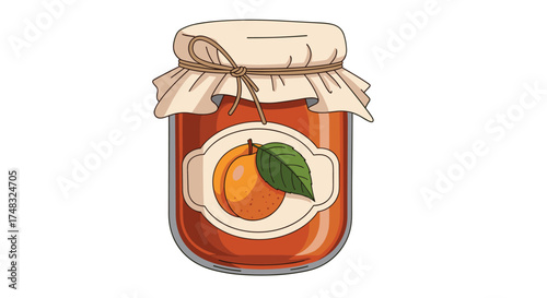 Delicious homemade apricot jam in a glass jar sealed with cloth and string.