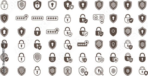 Security and privacy icon set, lock, shield, fingerprint, password protection, cyber safety, data encryption, secure access, technology vector illustration.