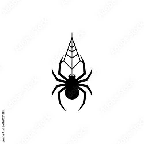 Spider with web, black silhouette on white background, vector illustration.