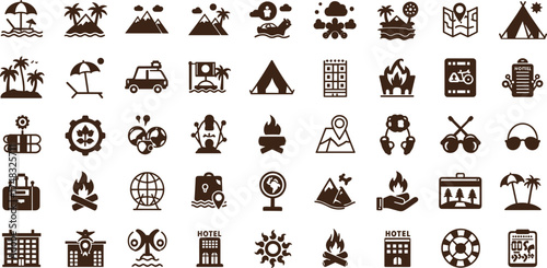 Travel and vacation icon set, camping, beach, hotel, adventure, tourism, holiday trip, summer destination, outdoor exploration vector illustration.