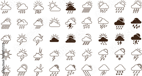 Weather icon set, sun, cloud, rain, storm, lightning, snow, sunny, cloudy, forecast, temperature, climate, meteorology, vector illustration.