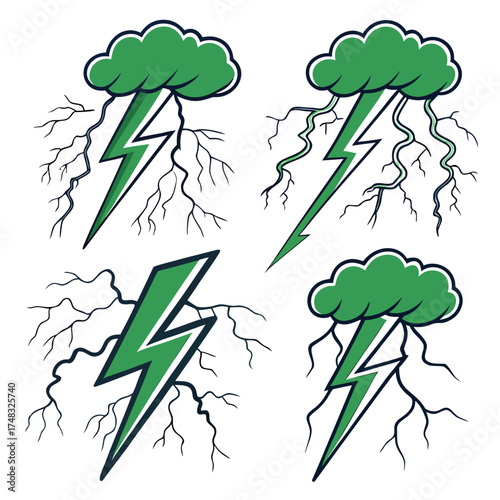 Yellow lightning bolt icons. Electric strike and blitz speed logo, thunderbolt flash storm, volt power symbols. Vector isolated set