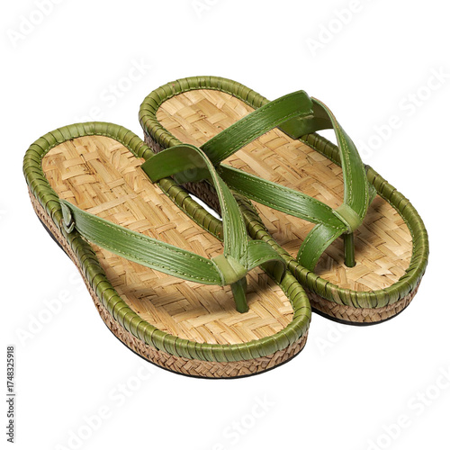 A pair of eco-friendly thong sandals with woven bamboo footbeds and green straps