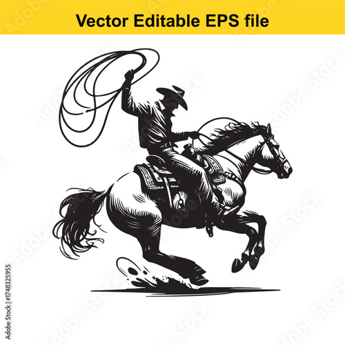 Vector art of silhouette of a cowboy on a horse, lassoing, western style