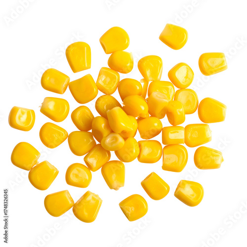 Overhead shot of golden, cooked corn kernels scattered on a transparent background