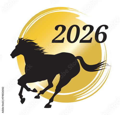 2026年正月のキービジュアル、走る馬のシルエット、午年の年賀素材