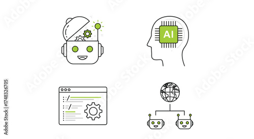 Vector illustration of artificial intelligence icons, robot head with gears, human head with ai chip, coding interface, and global network with robots, technology concept