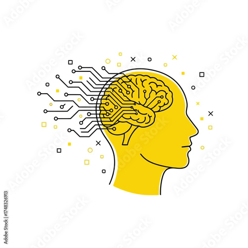Vector illustration of artificial intelligence concept, human head silhouette with glowing brain and digital circuits
