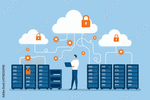 Man with laptop connects to secure cloud servers and data center racks with padlocks