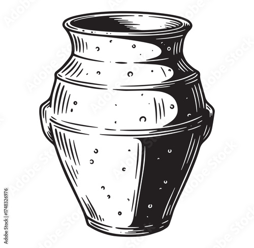Vintage hand drawn pottery vase illustration in black and white artistic decorative design