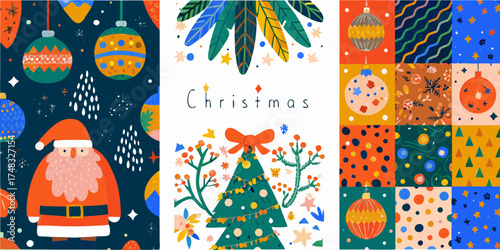 Festive christmas collage featuring santa claus decorated tree and abstract holiday patterns