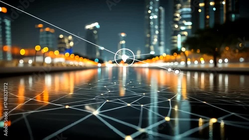 Nighttime Cityscape with Light Reflections and Network Connections