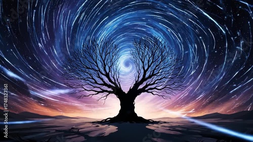 A Cosmic Tapestry Celestial Tree Merges with Starry Skies, Evoking Serenity and the Vastness of the Universe in a Digital Art Render
