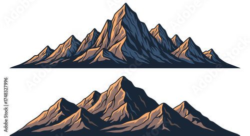 Majestic jagged mountain peaks bathed in warm sunlight creating a dramatic landscape.