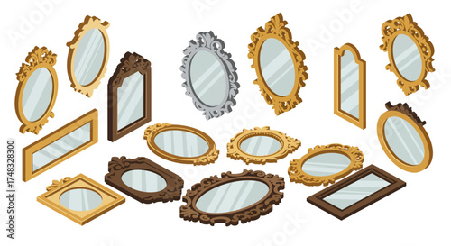 Elegant collection of ornate mirrors in isometric style