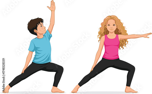 Cartoon children doing yoga poses, wellness and mindfulness moment, physical activity scene, playful vector, cad drawing flat vector illustration