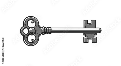 Vintage skeleton key design with ornate details in monochrome style