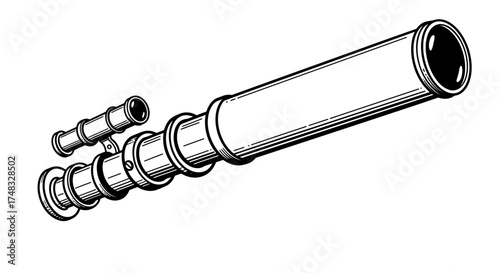 Vintage telescopes drawing on white background in black and white sketch style