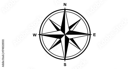 Classic nautical compass rose with cardinal directions in black and white