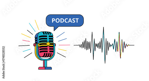 Creative podcast microphone with sound wave and colorful radiating lines illustration.