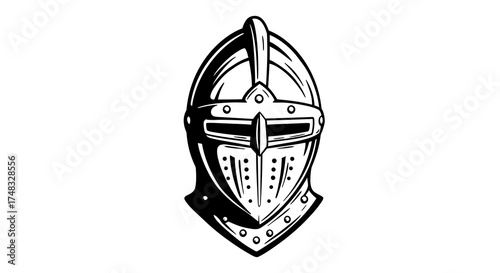 Medieval knight helmet drawing in monochrome style for vintage designs
