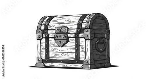 Vintage pirate treasure chest in detailed monochrome design