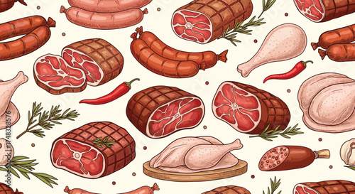 A delightful assortment of cured meats and poultry items displayed in a seamless pattern.