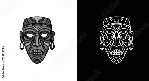 Tribal mask design in monochrome: half white, half black