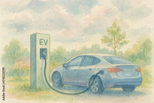 Loose watercolor painting of EV charging station under cloudy sky with soft pastel nature tones   