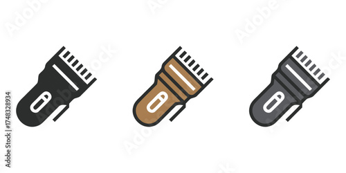 Set of three stylized electric hair trimmer icons in different color variations. Ideal for use in projects about hair removal, grooming, beauty, barbershops, or personal care devices.